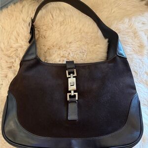 Classy Vintage Gucci Jackie Brown Suede Shoulder bag, Silver-black Hardware.